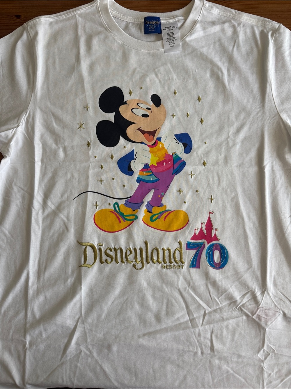 Disney White T-Shirt with Colorful Mickey Mouse and Gold Disneyland 70th Logo